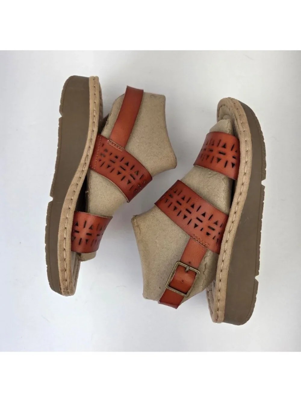 Earth Spirit Meaghan Wedge Laser Cut Strap Sandals Cognac Size 7